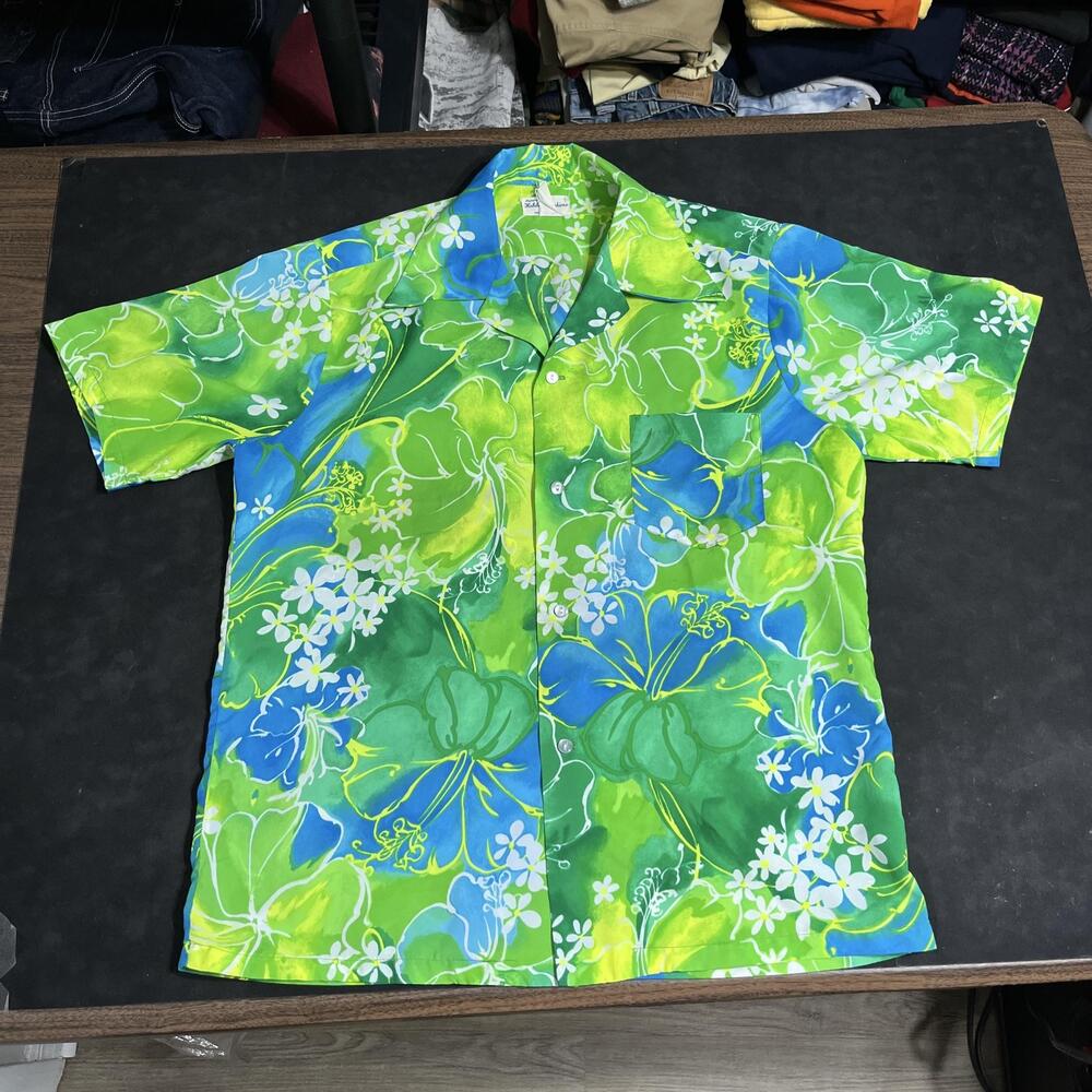 Hukilau Fashions Shirt Vintage Hawaiian Green Floral Aloha Mens Large Honolulu